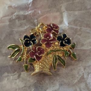 Vintage Enamel Flower Basket Pin Brooch Gold Tone Pink Blue Pansy Woven Basket
